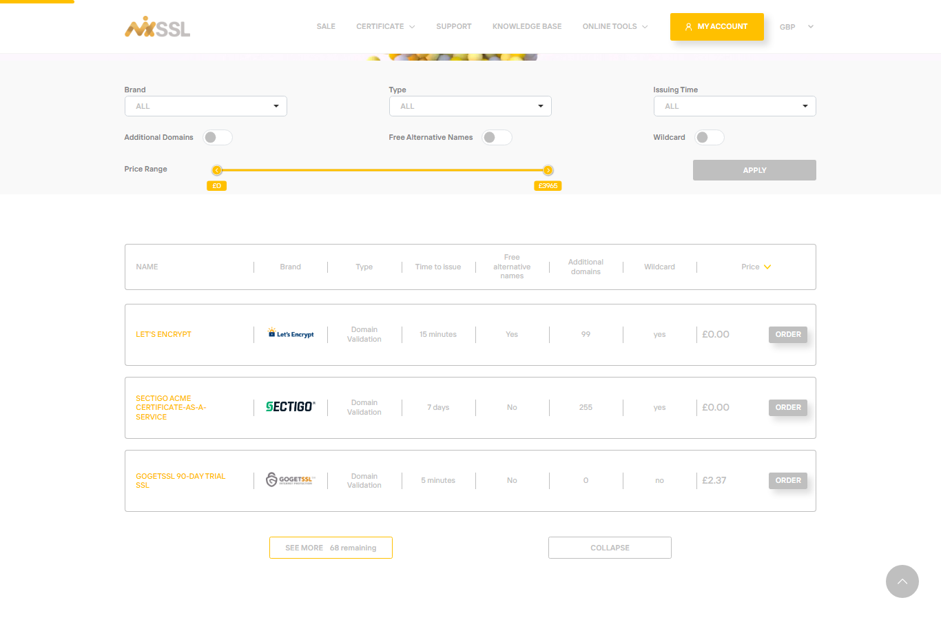 MixSSL certificate catalog on the home page