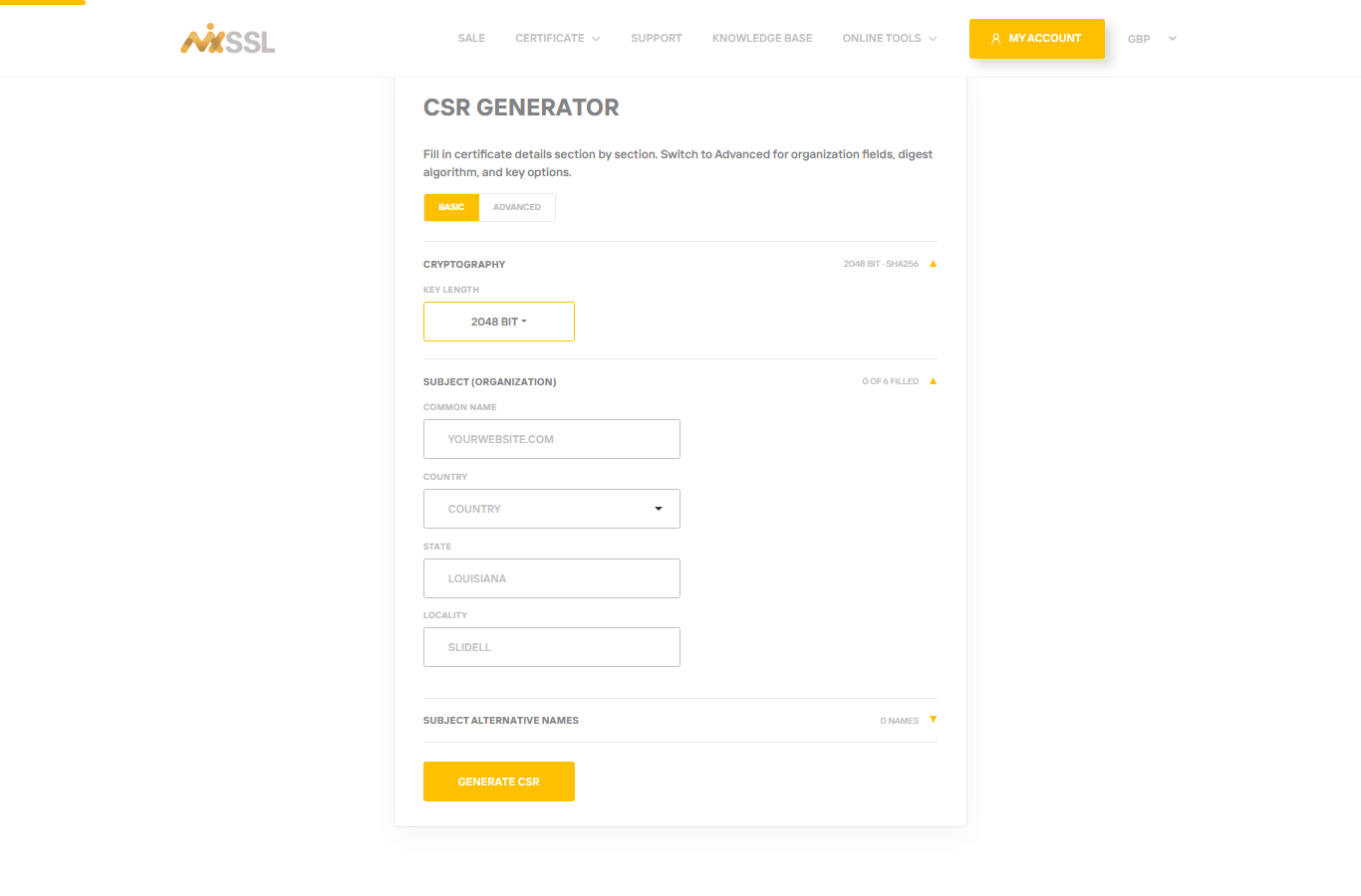 MixSSL CSR Generator page