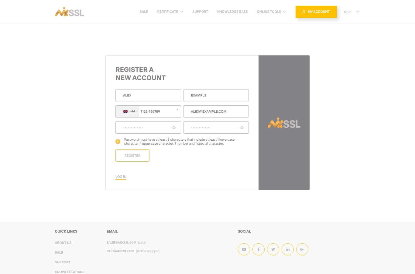 Registration form with example fields filled