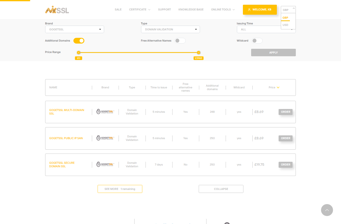 Currency selector in site header set to GBP