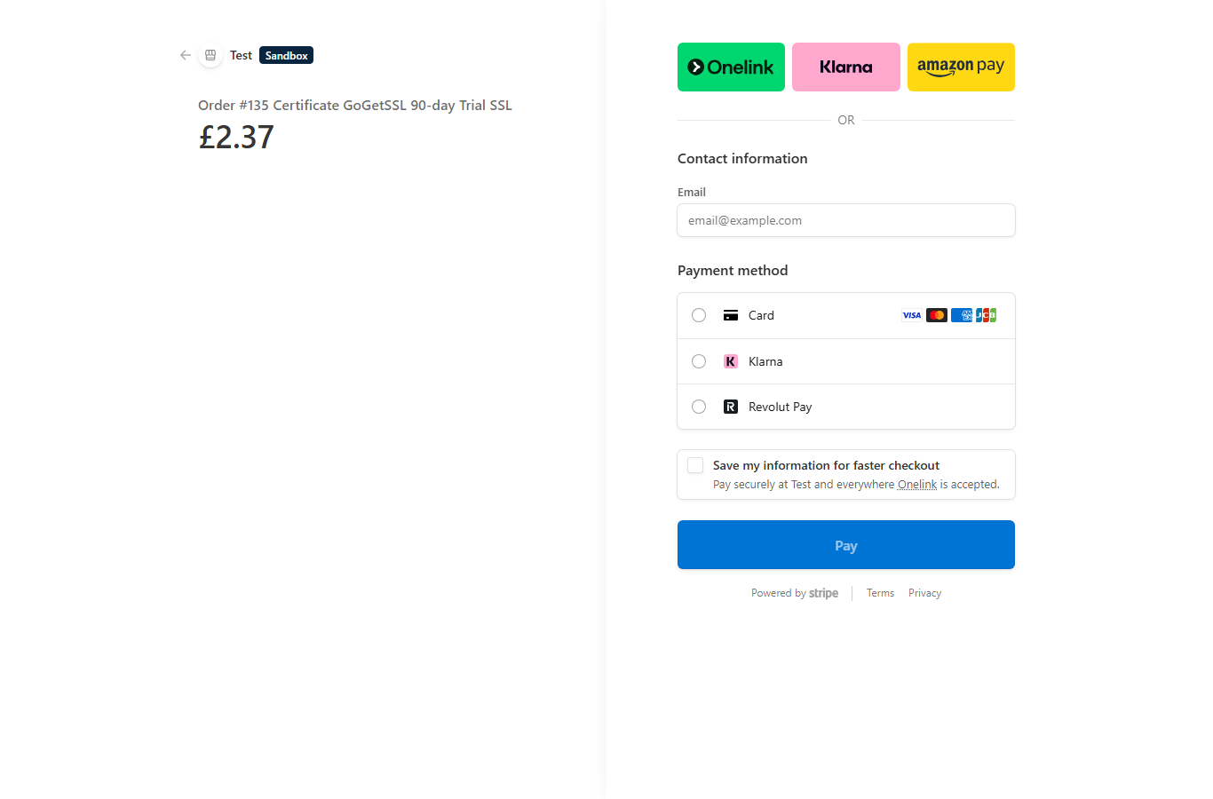 Stripe secure checkout page