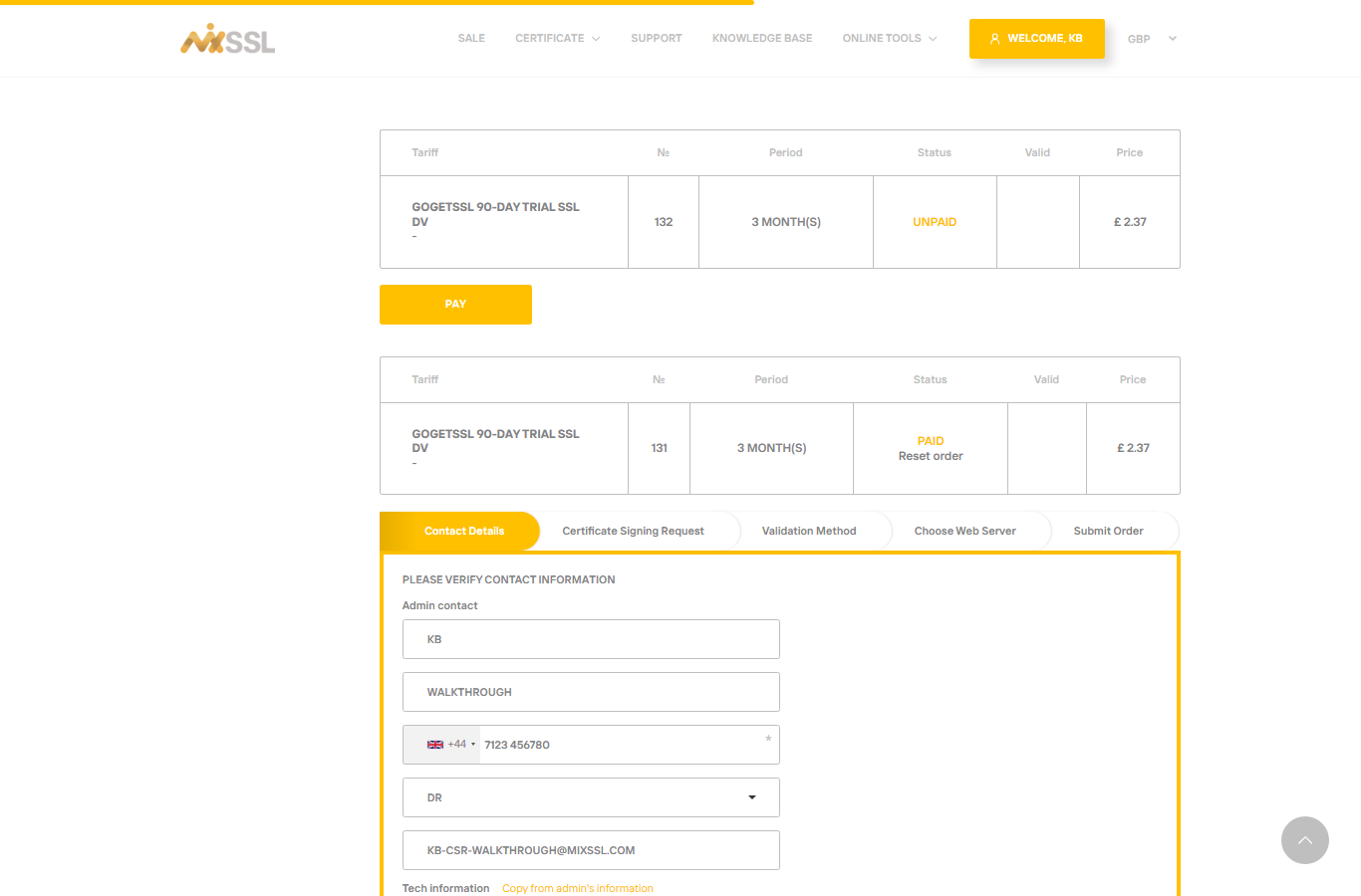 Customer account showing a paid order