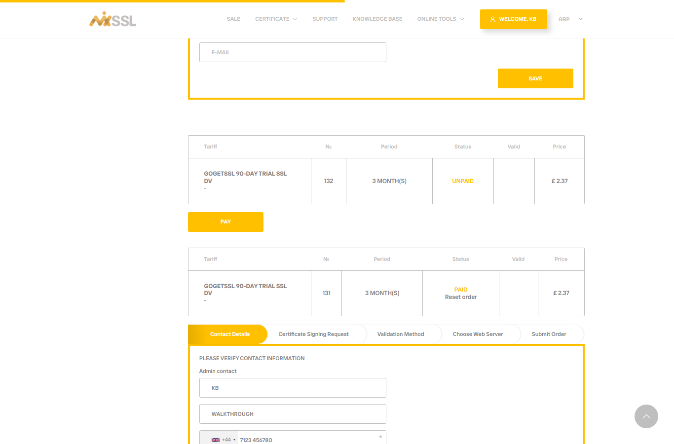 Unpaid order with Pay button in customer account