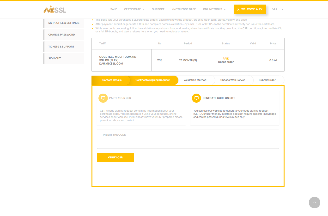 Paste your CSR option in the wizard