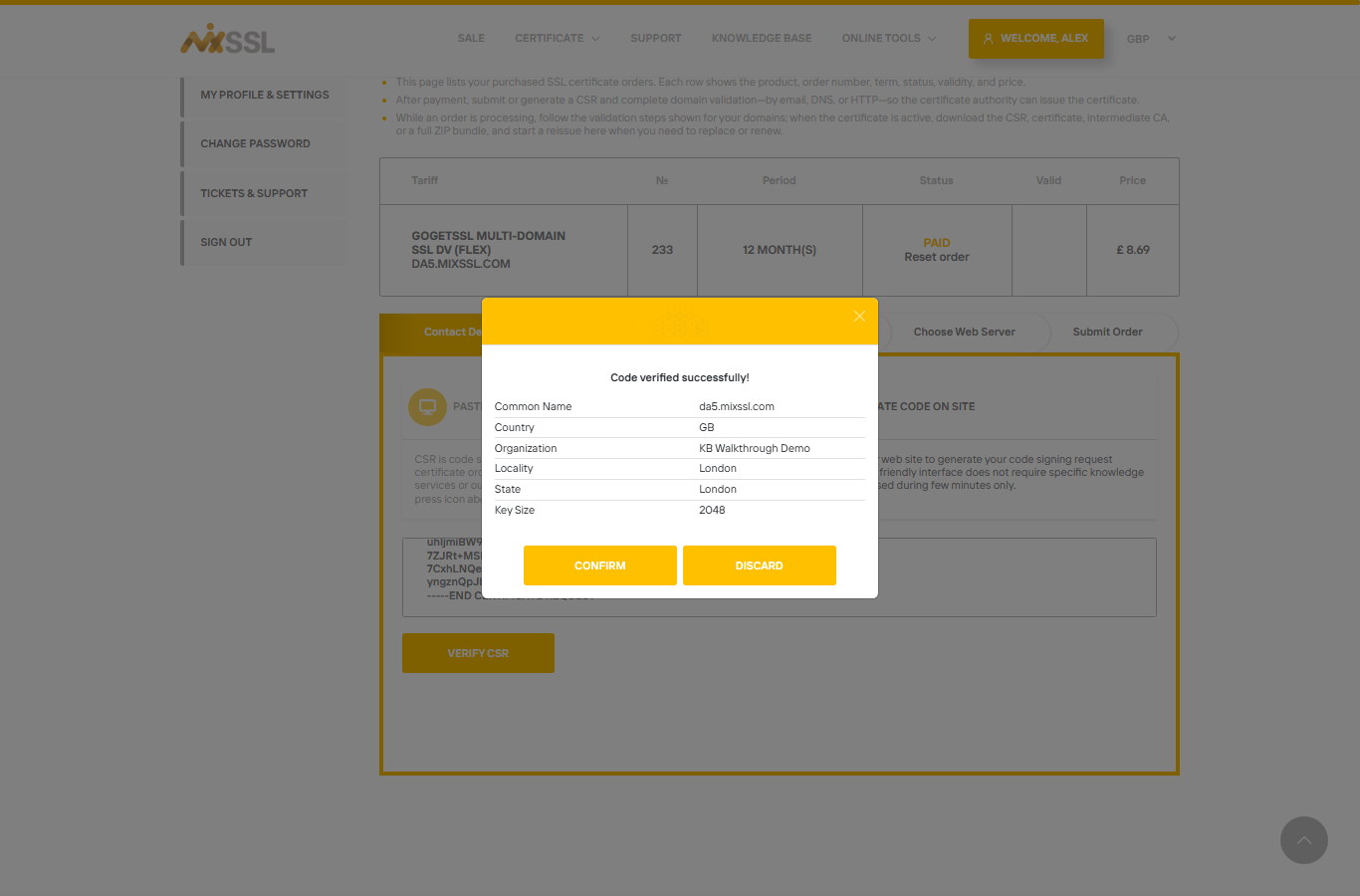 CSR verification modal showing Common Name da5.mixssl.com