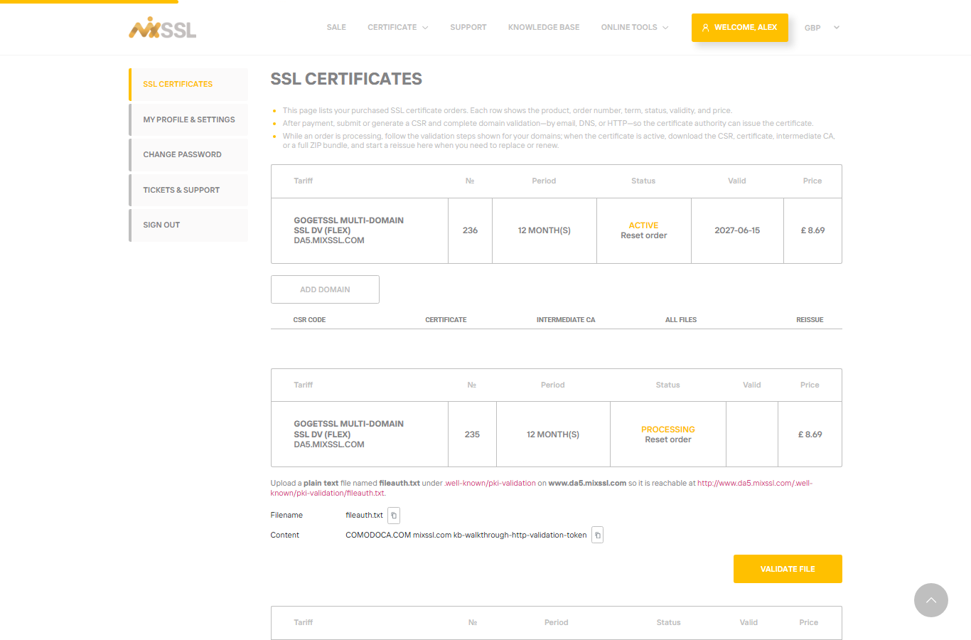Active order with CSR Certificate Intermediate CA and All files download links