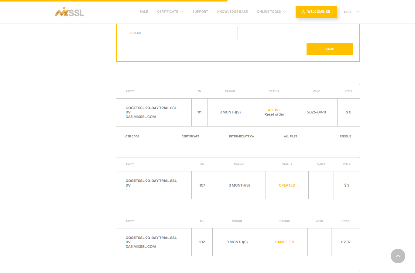 Active order with download links in customer account