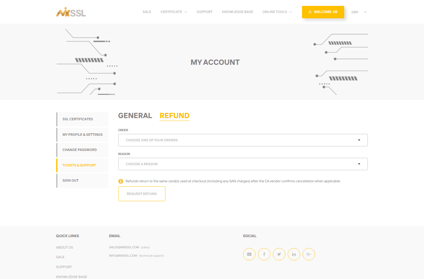 Tickets support page with Refund tab