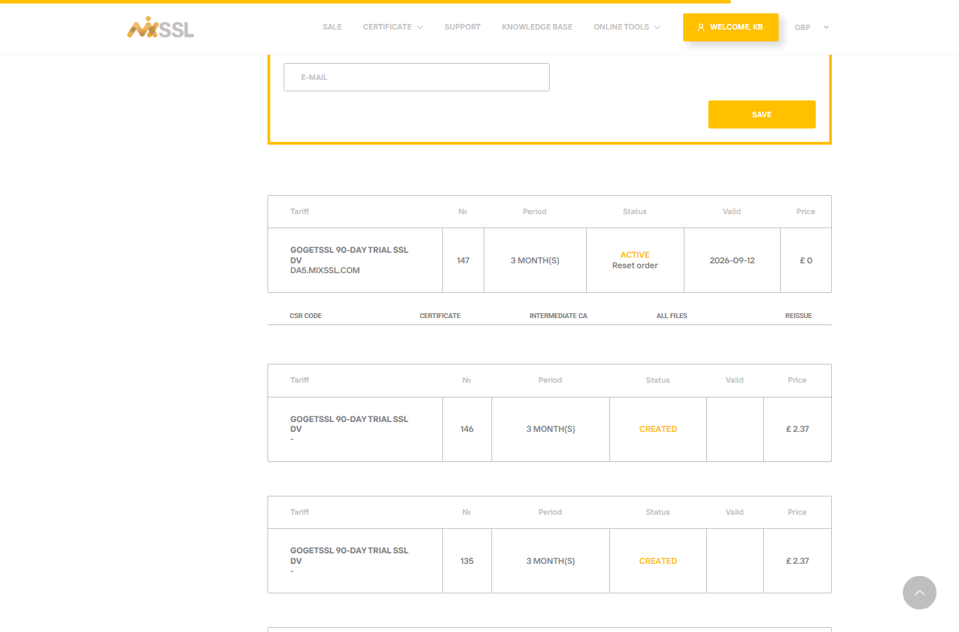 Close-up of CSR Certificate Intermediate CA and All files links