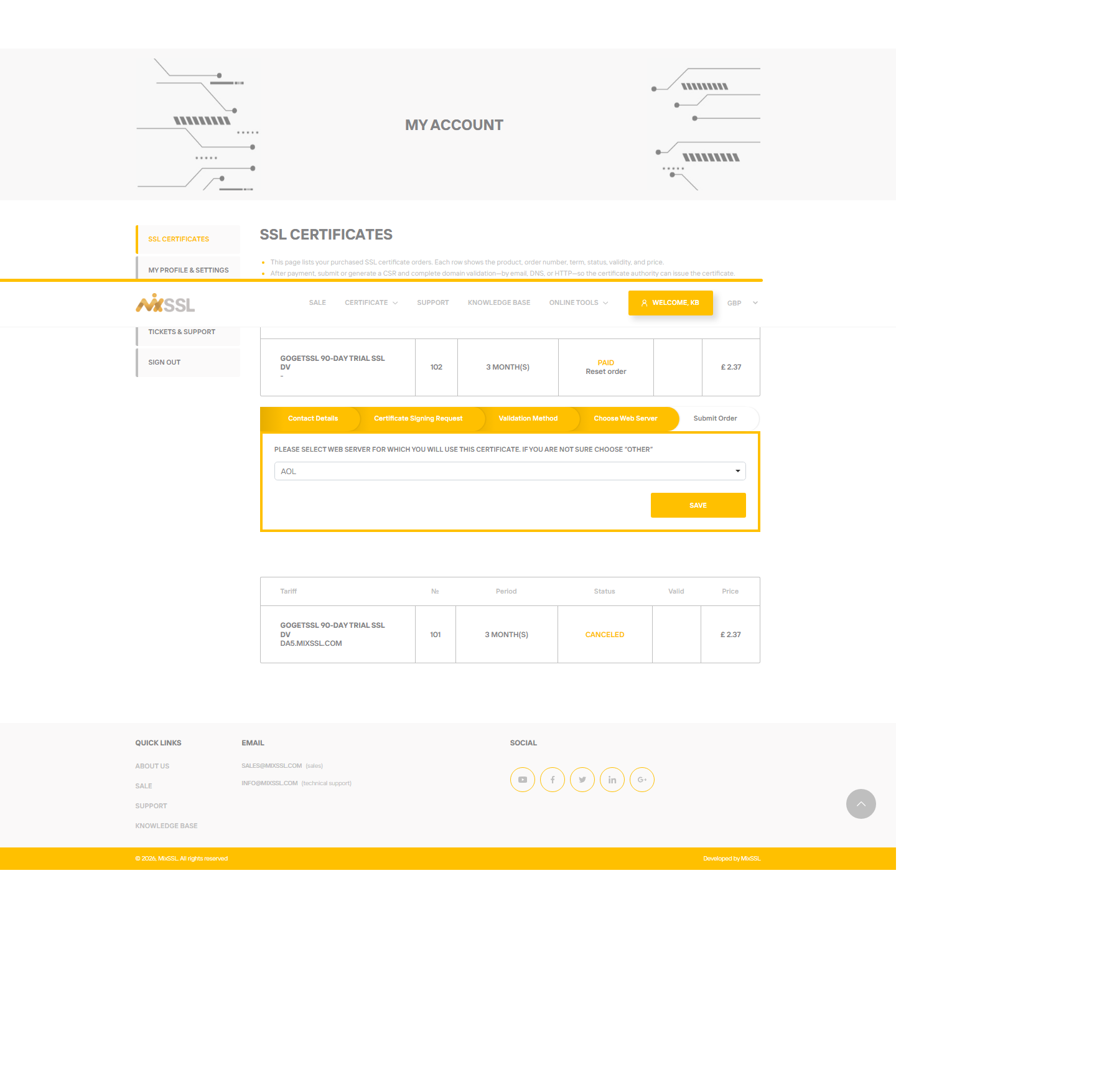 Order wizard web server step with Nginx selected