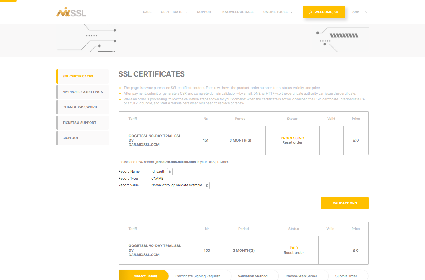 DNS validation instructions for wildcard order