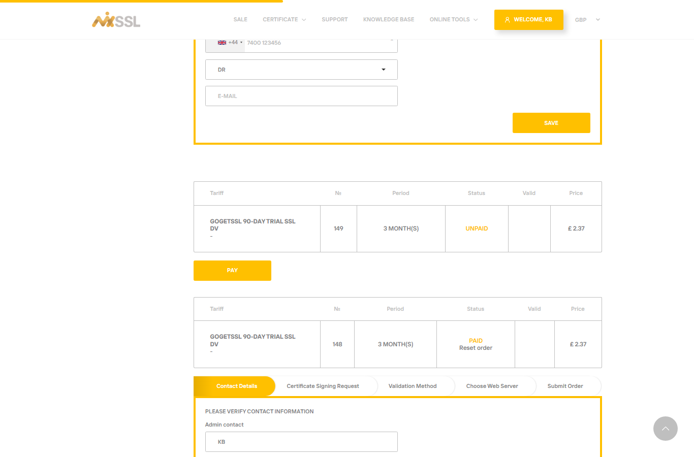 Unpaid order with pay link in customer account