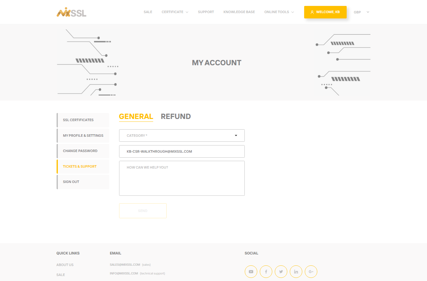 Tickets support page with contact and refund tabs