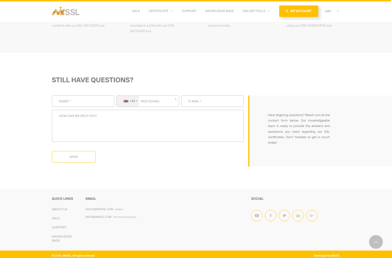 Contact form on MixSSL home page